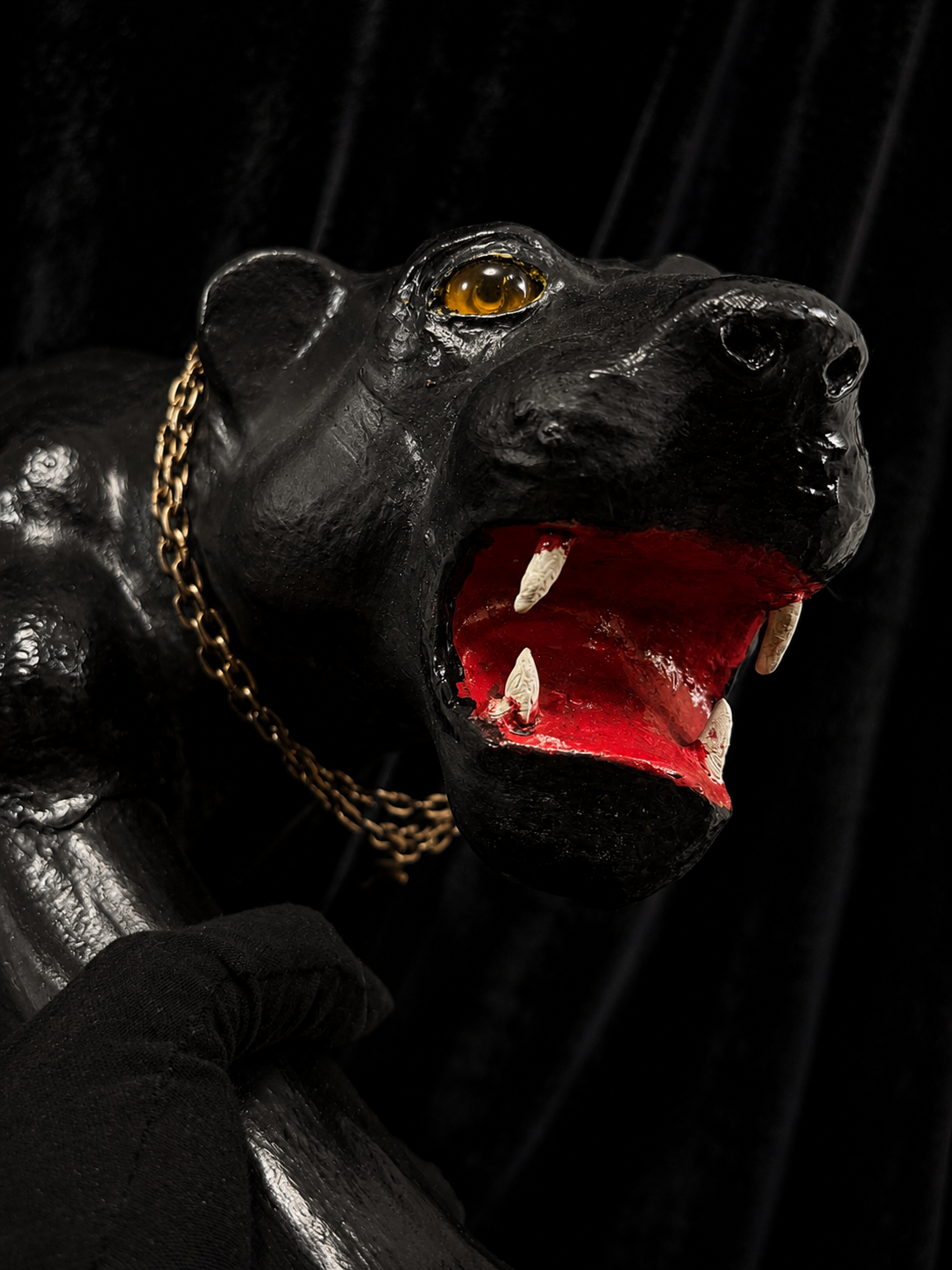 Oversized Mid-Century Black Panther Statue w/ Glass Eyes and Chain