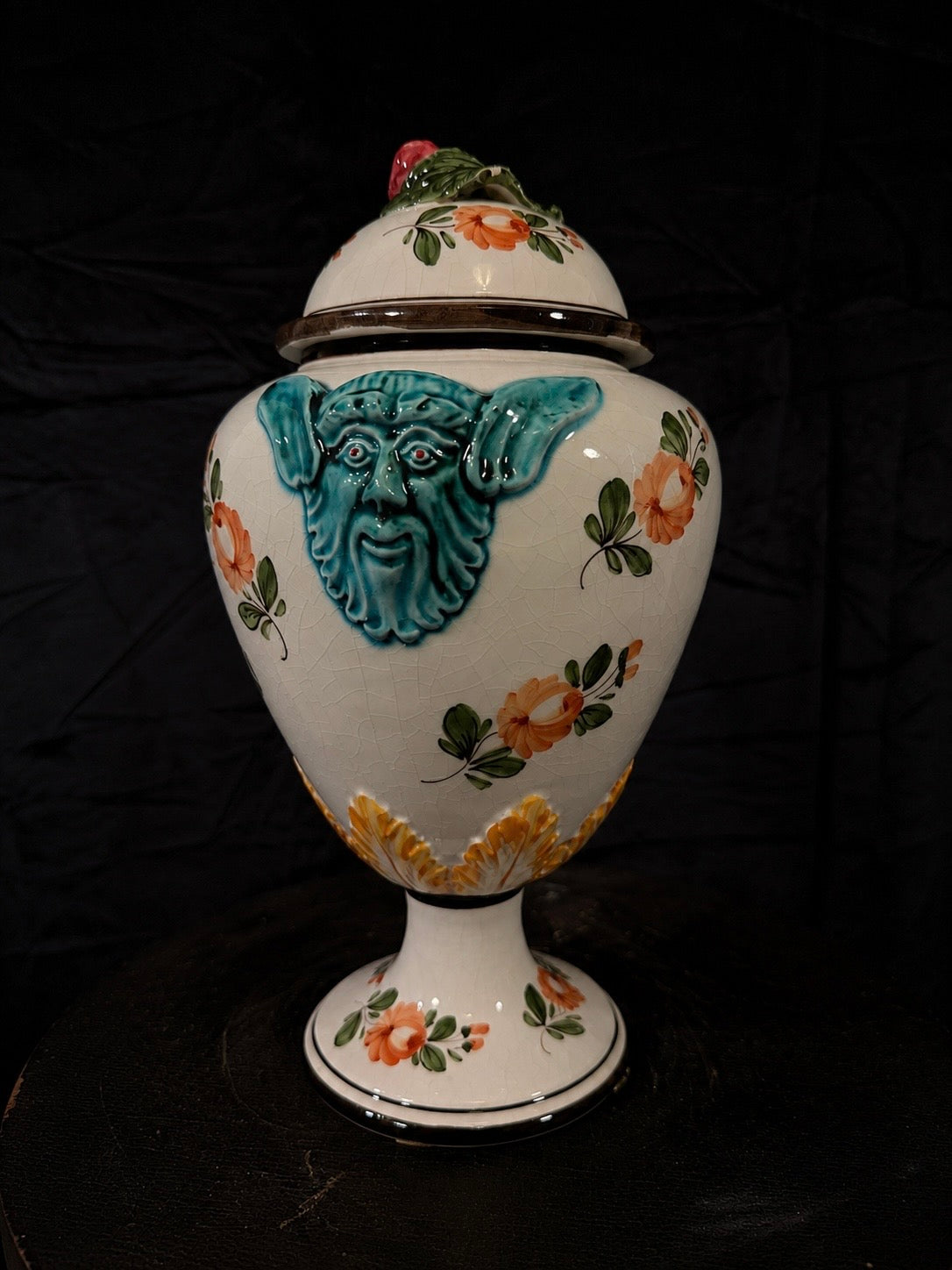 Vintage Italian Apothecary Urn "Pulvis Cachecticus" Satyr / Devil Faces