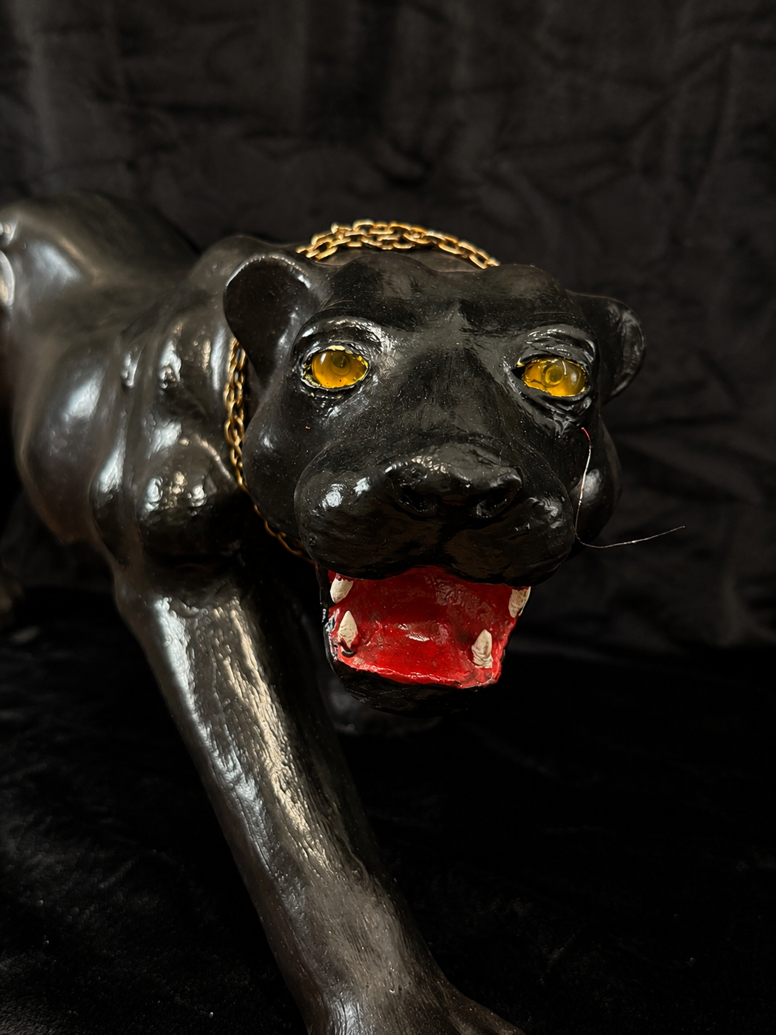 Oversized Mid-Century Black Panther Statue w/ Glass Eyes and Chain