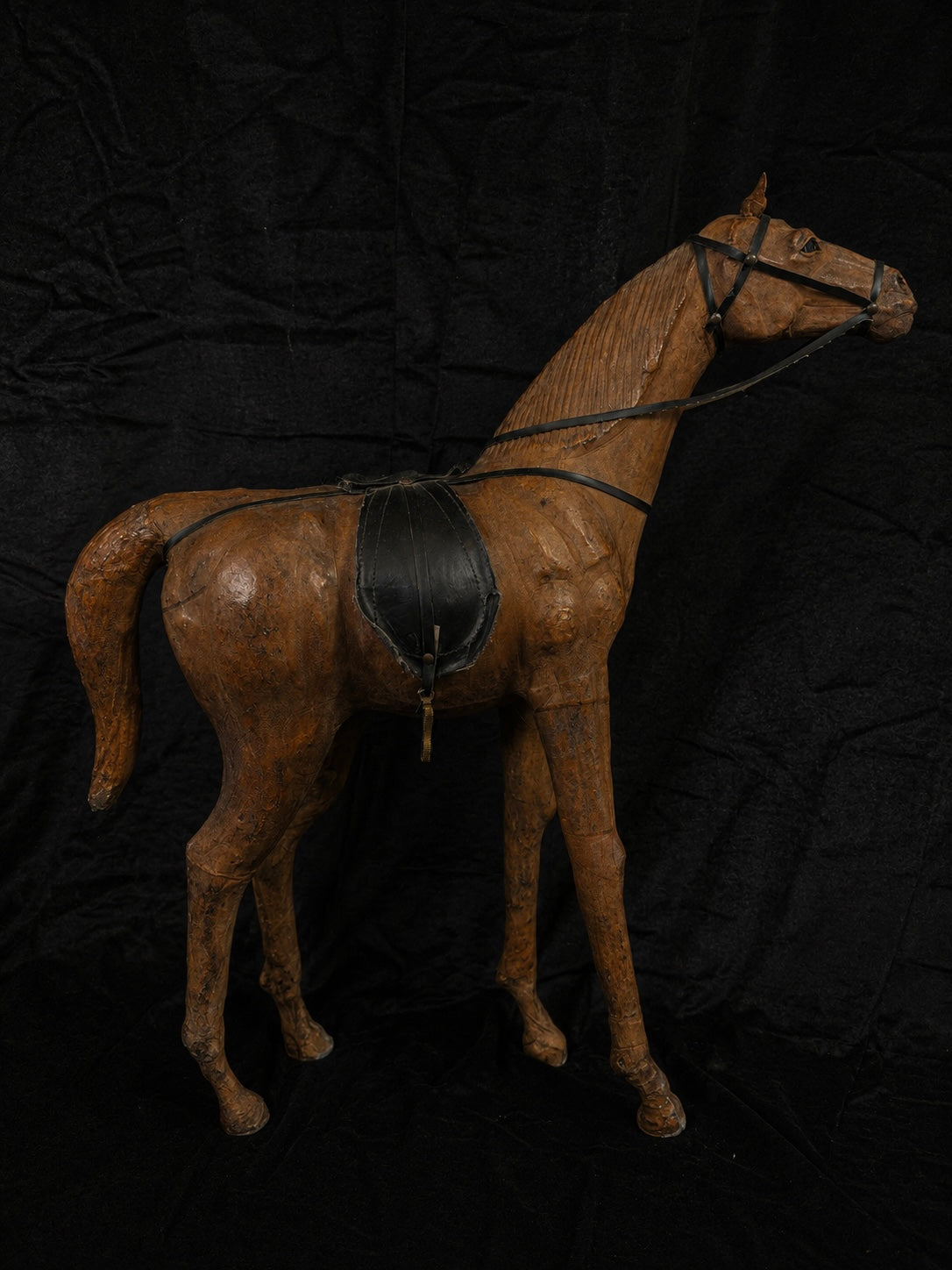 Large Antique Leather-Wrapped Horse Sculpture