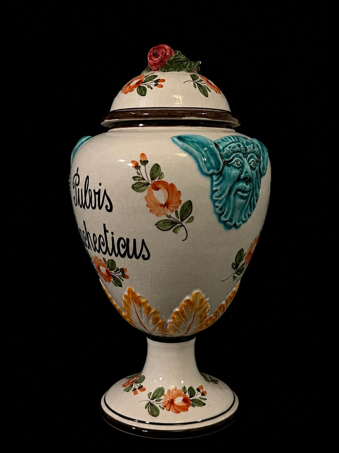 Vintage Italian Apothecary Urn "Pulvis Cachecticus" Satyr / Devil Faces