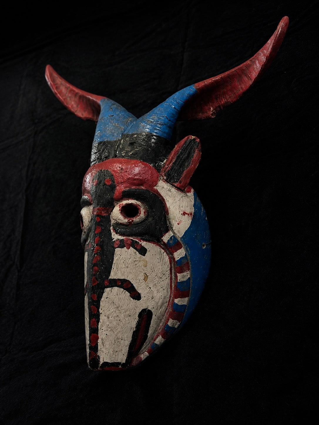 Vintage Mexican Wood 'Diablo' Mask w/ Real Horns