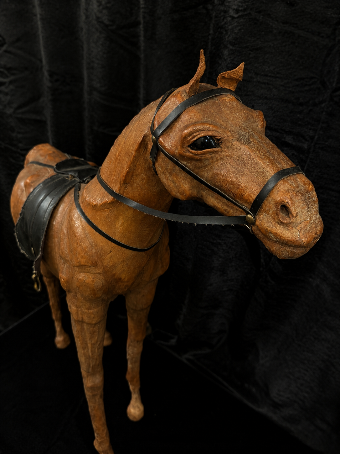 Large Antique Leather-Wrapped Horse Sculpture