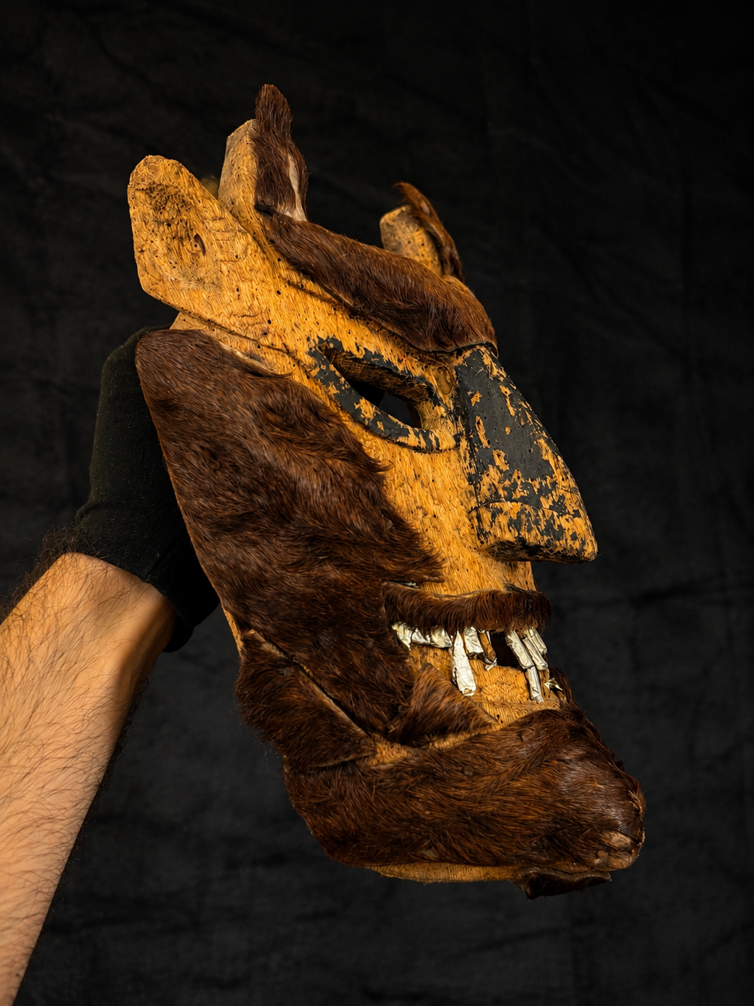 Antique Mexican Diablo Mask w/ Animal Hide & Metal Teeth