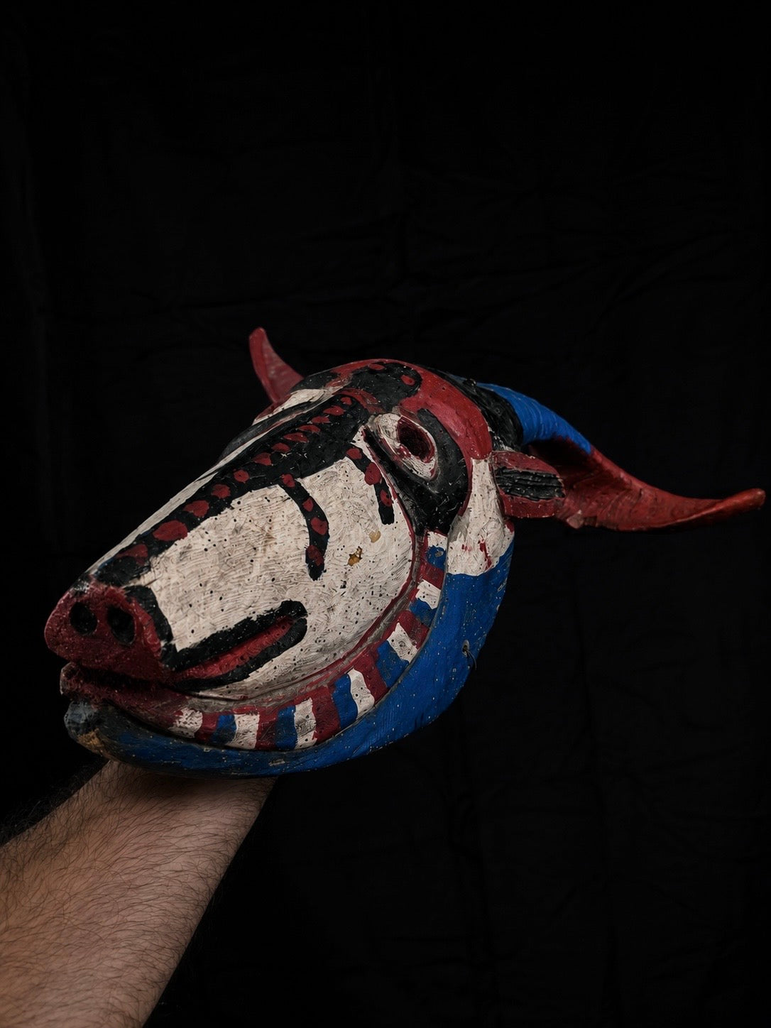 Vintage Mexican Wood 'Diablo' Mask w/ Real Horns