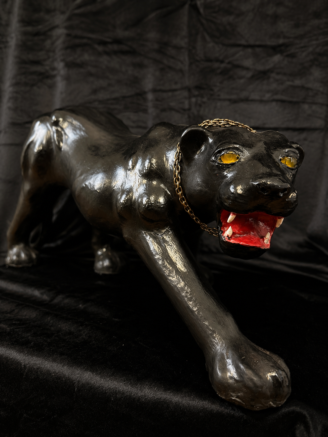 Oversized Mid-Century Black Panther Statue w/ Glass Eyes and Chain