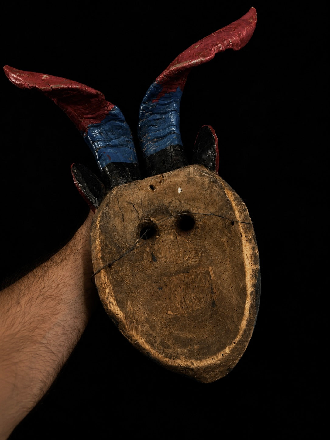 Vintage Mexican Wood 'Diablo' Mask w/ Real Horns