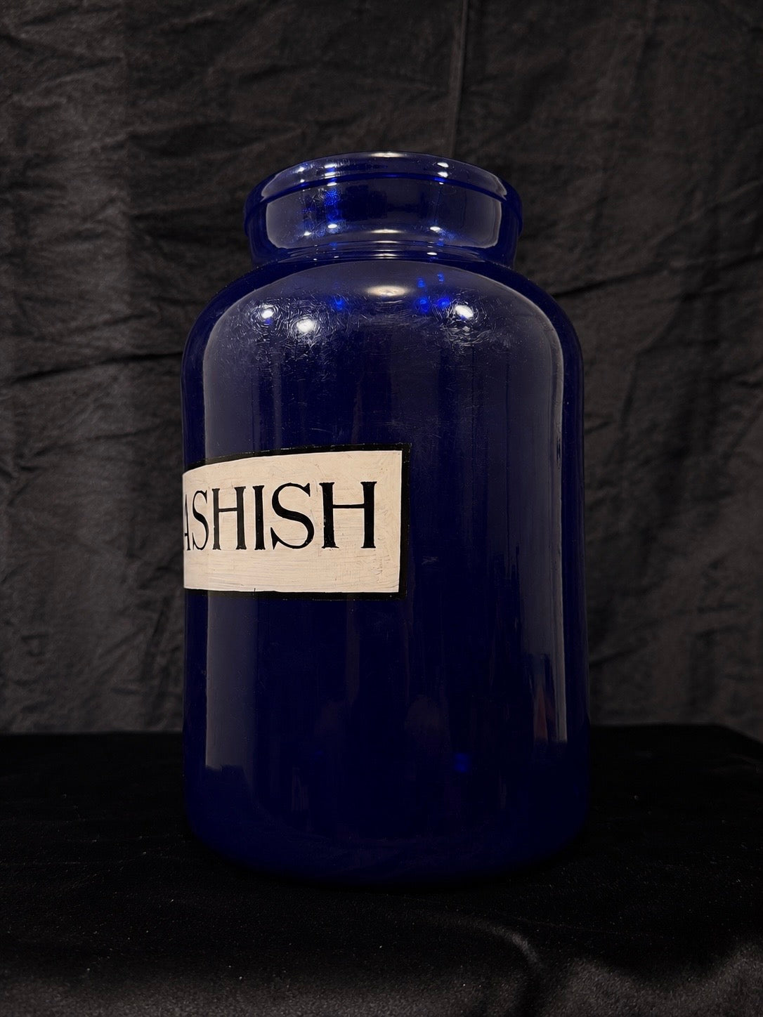 Oversized Cobalt Blue Glass “Hashish” Apothecary Jar
