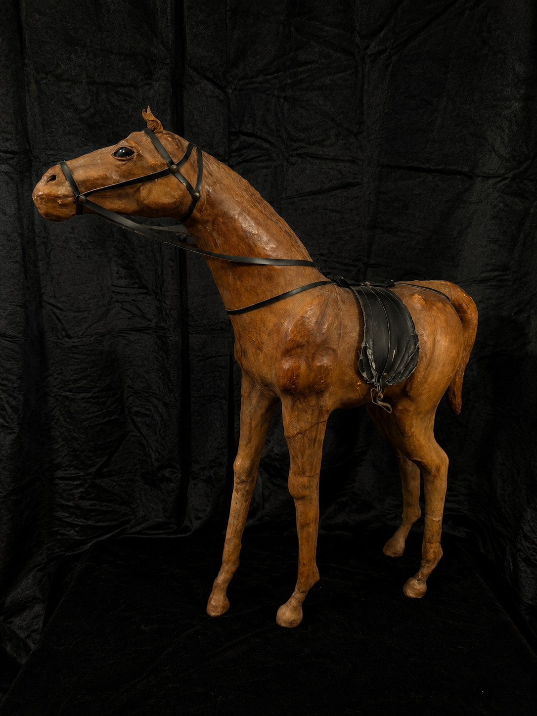 Large Antique Leather-Wrapped Horse Sculpture