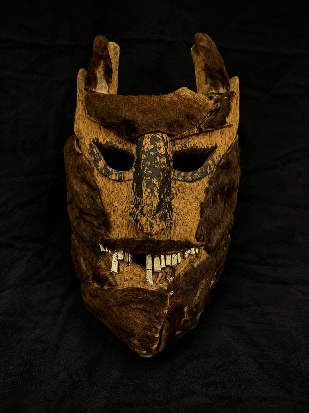 Antique Mexican Diablo Mask w/ Animal Hide & Metal Teeth