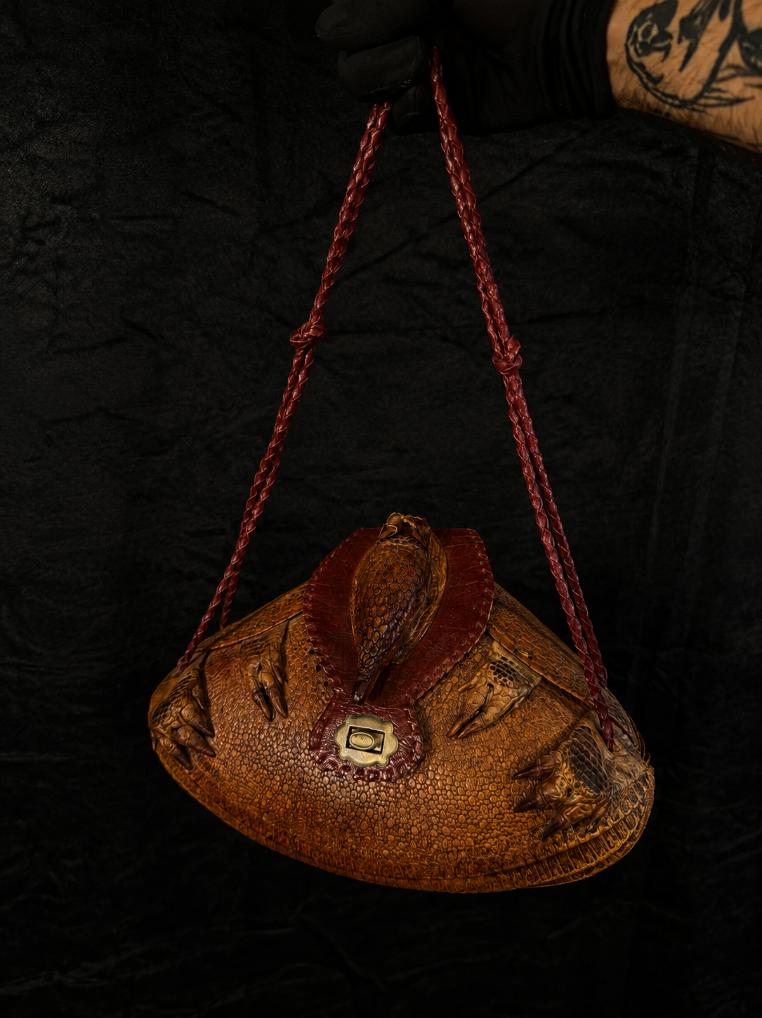 Mid-Century Taxidermy Armadillo Purse w/ Mirror & Braided Strap