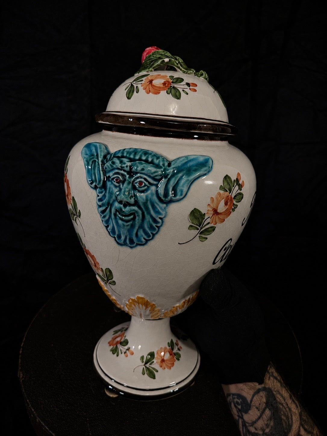 Vintage Italian Apothecary Urn "Pulvis Cachecticus" Satyr / Devil Faces