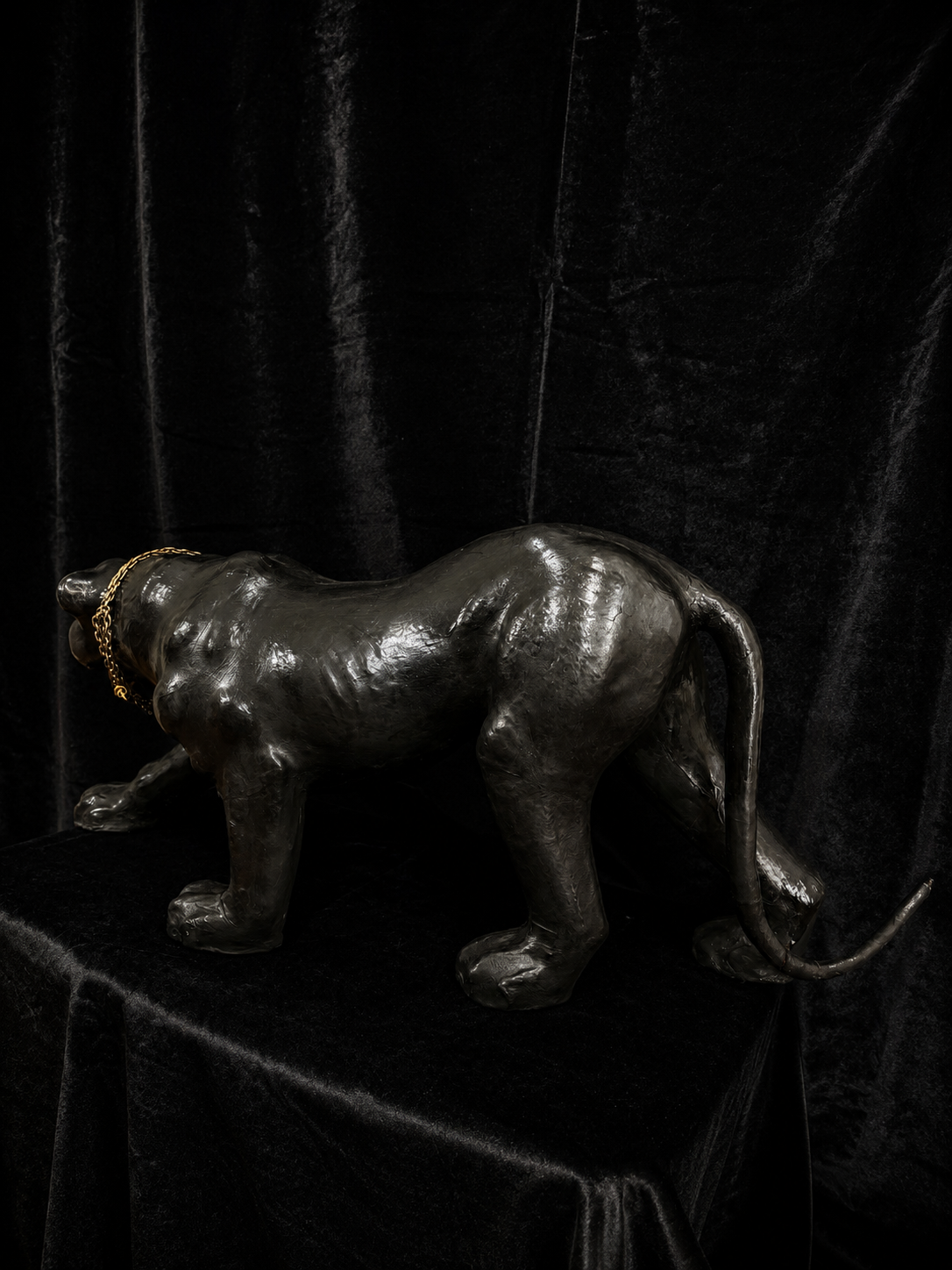 Oversized Mid-Century Black Panther Statue w/ Glass Eyes and Chain